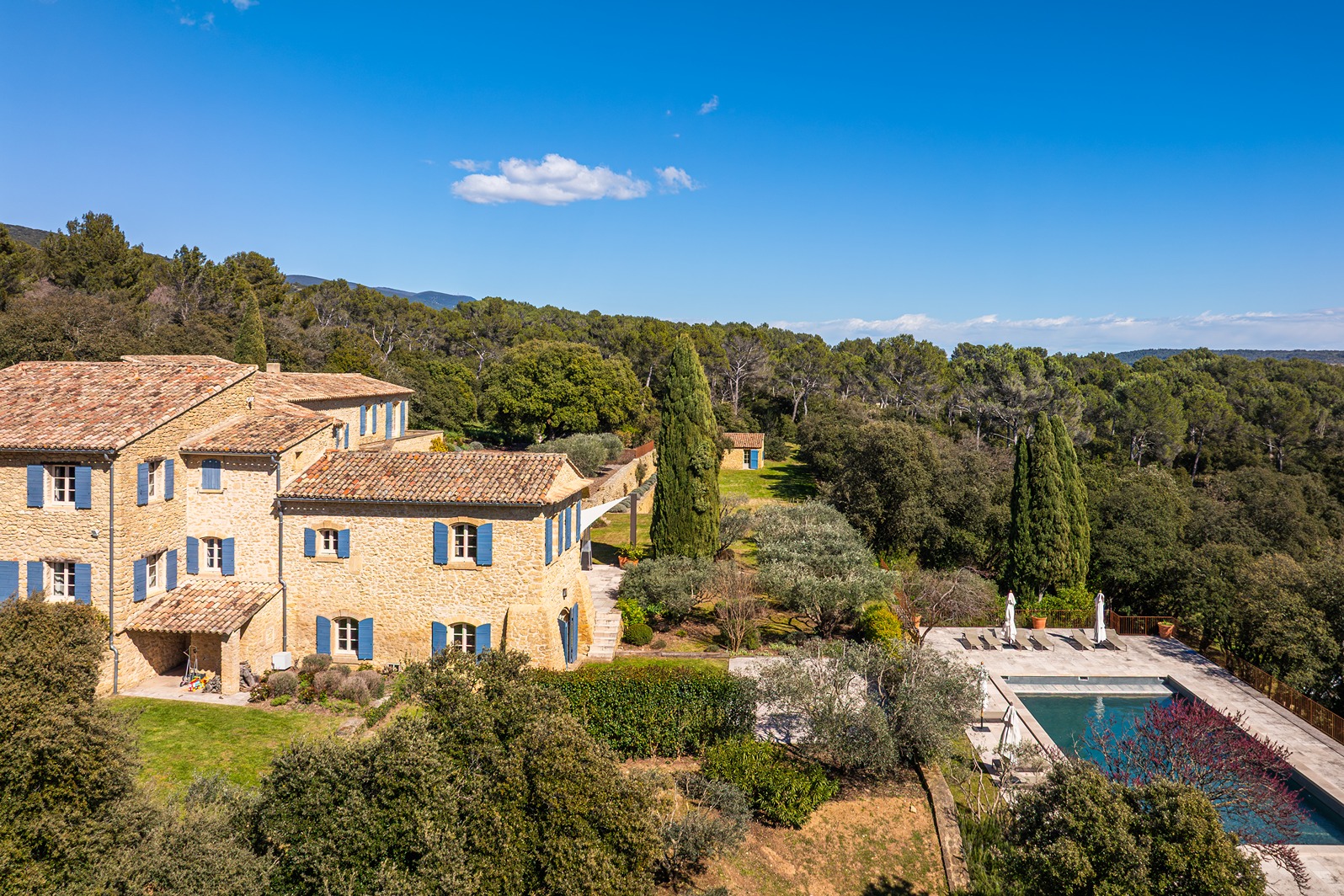 Full view of the property showing the house, yard, and pool.