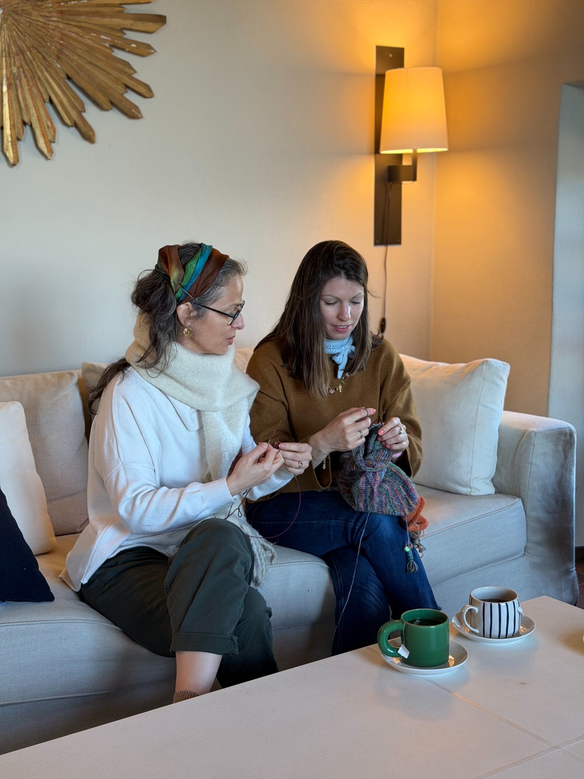 Two women on a couch knitting together.