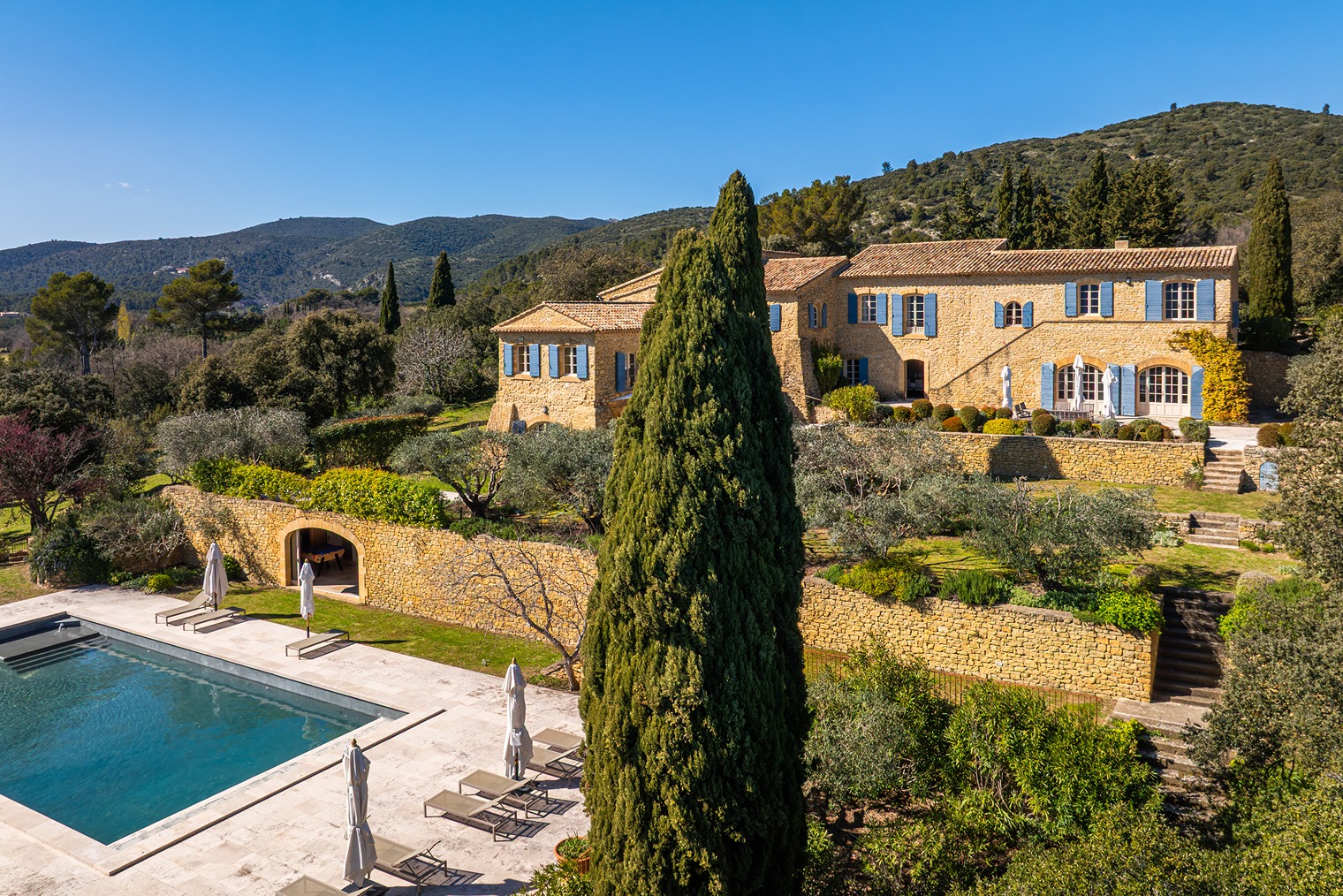 Full view of the property showing the pool, house, and surrounding nature.